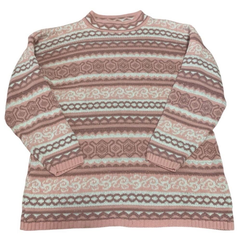 Vintage Dana Scott Sweater Pink Fair Isle Metallic Knit Small Made in USA